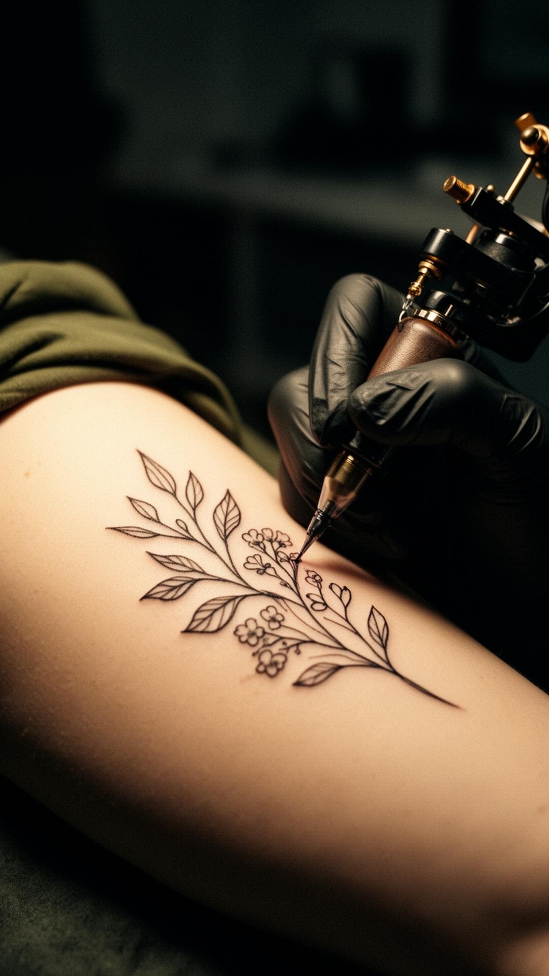 Botanical fine line tattoo being inked on a forearm