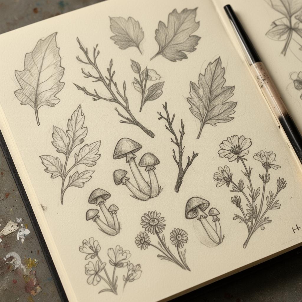 Sketchbook with pencil drawings of plants and mushrooms