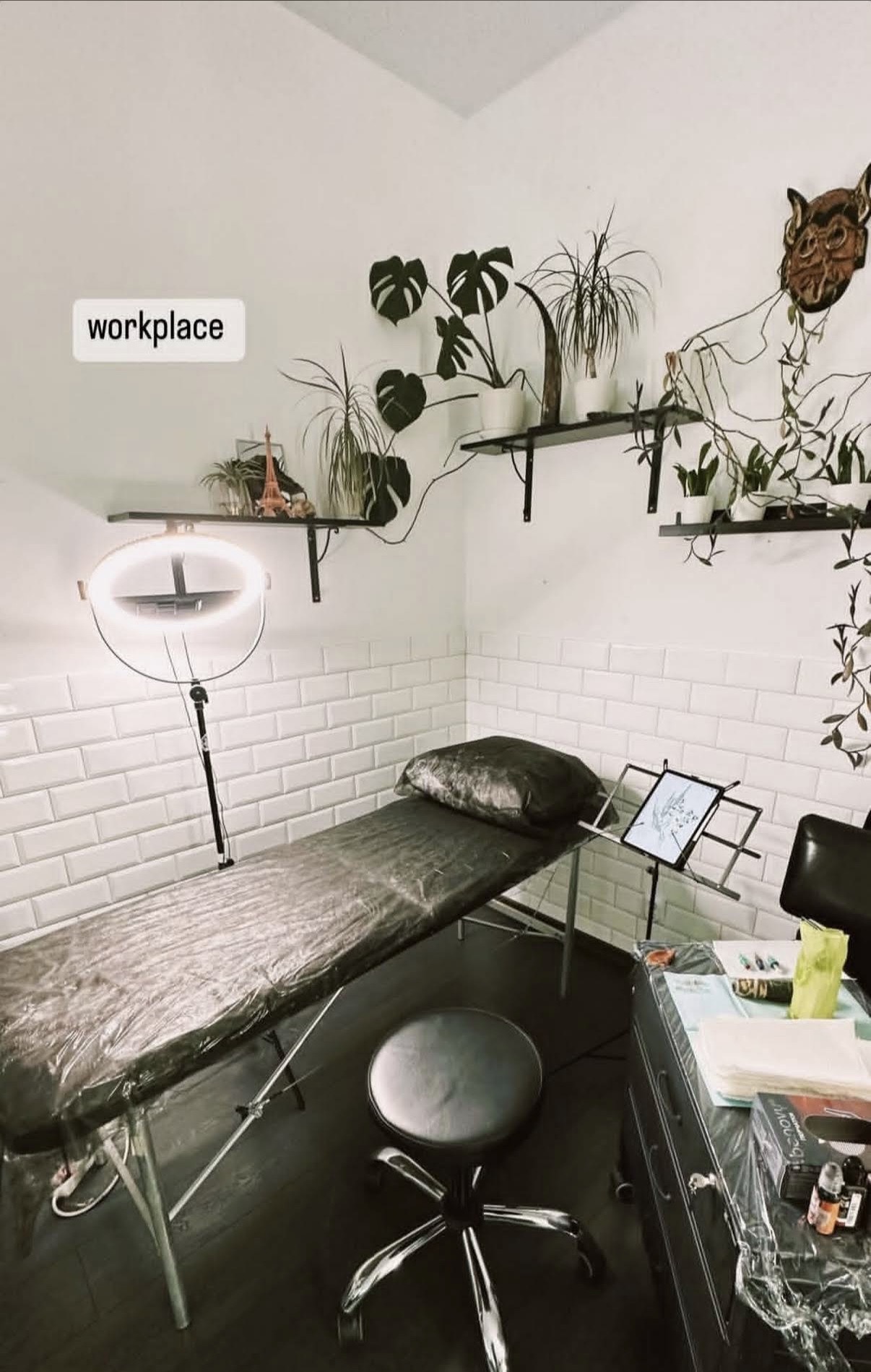 Tattoo workspace with plants and a white tiled wall
